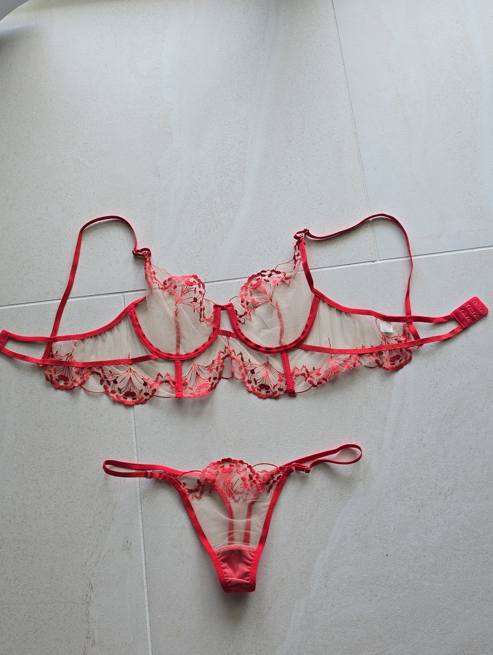 Sheer Floral Embroidered Red Lace Bra & Thong Set